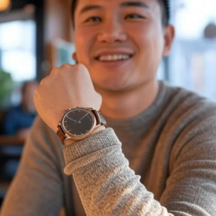 Zadowolona polska klientka prezentująca zegarek z nowym paskiem