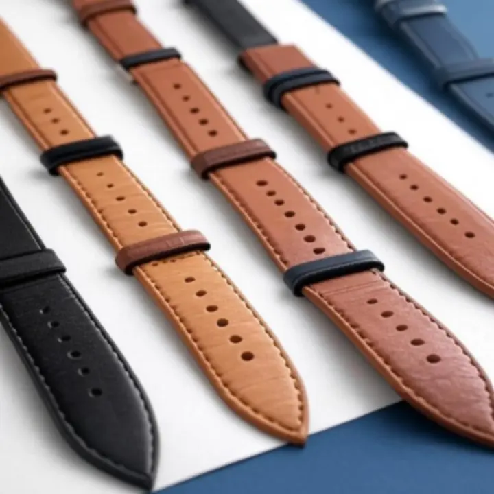 Kolekcja eleganckich pasków skórzanych do zegarków ułożonych na jasnym tle
