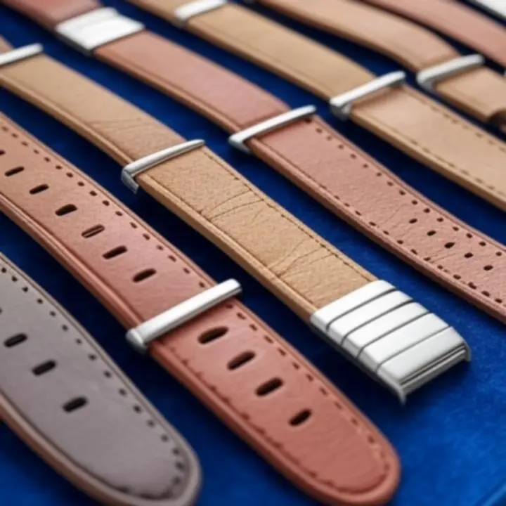 Różne typy pasków do zegarków ułożone na niebieskim tle