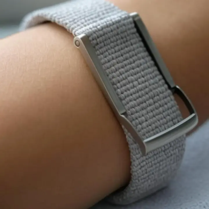 Zbliżenie na detale tekstylnego paska do zegarka i fakturę tkaniny